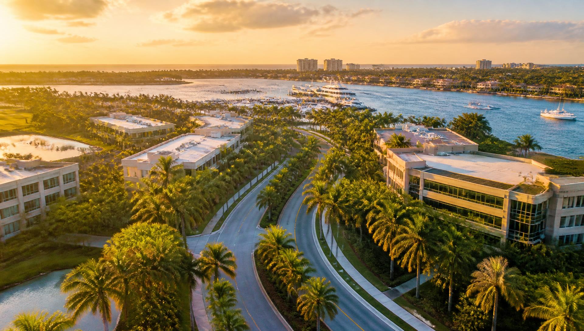 Palm Beach Gardens waterfront at golden hour — palm-lined boulevard and marina