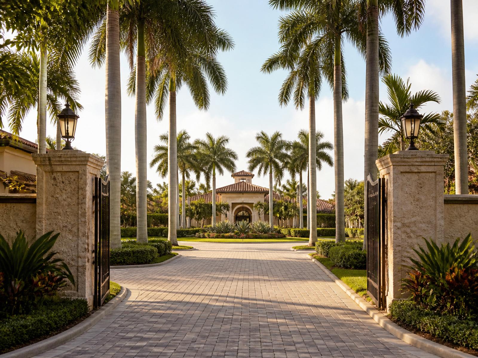 South Florida gated community entrance with palm trees