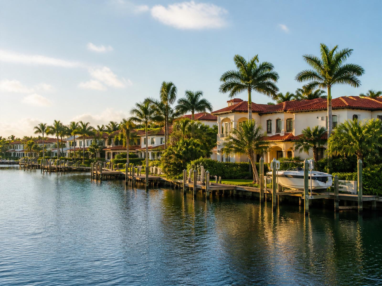 Palm Beach Gardens waterfront neighborhood with palms and Mediterranean architecture